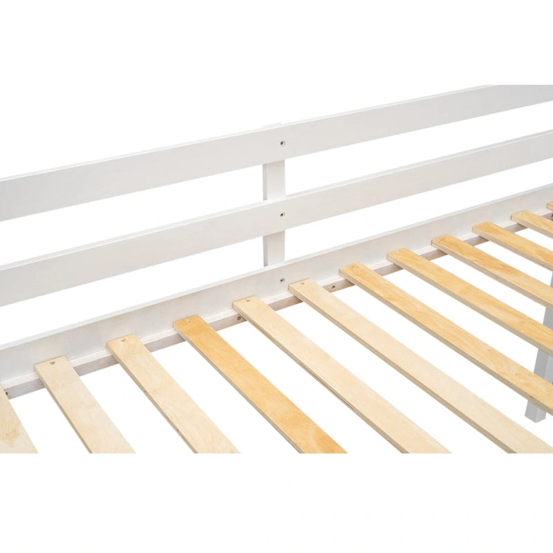 White Twin Size Solid Wood Low Loft Bed with Ladder and Fence Baffle, and Wood Slats Support for Bedroom