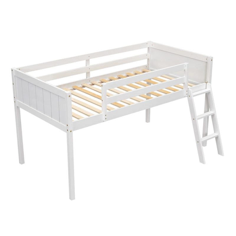 White Twin Size Solid Wood Low Loft Bed with Ladder and Fence Baffle, and Wood Slats Support for Bedroom