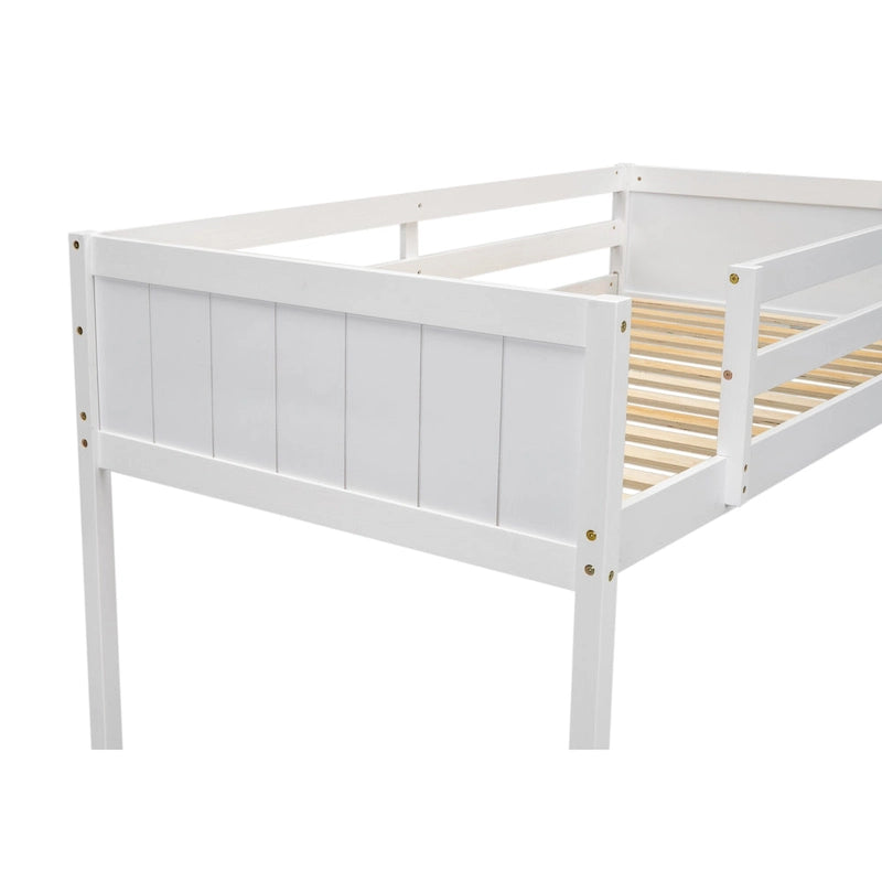 White Twin Size Solid Wood Low Loft Bed with Ladder and Fence Baffle, and Wood Slats Support for Bedroom