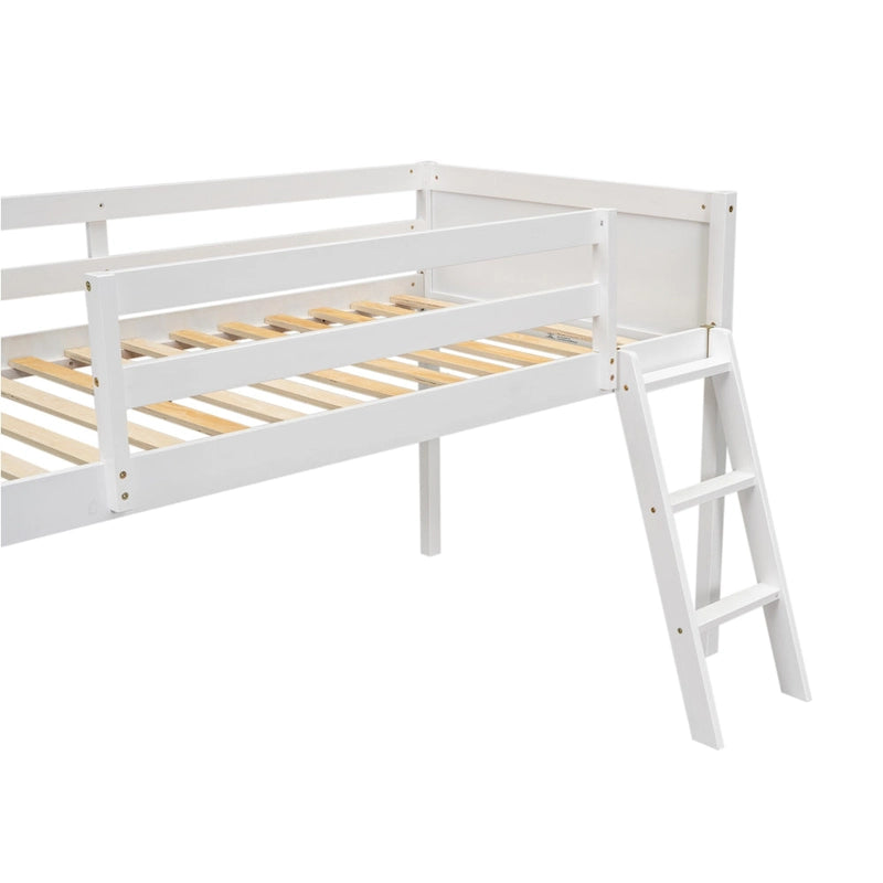White Twin Size Solid Wood Low Loft Bed with Ladder and Fence Baffle, and Wood Slats Support for Bedroom