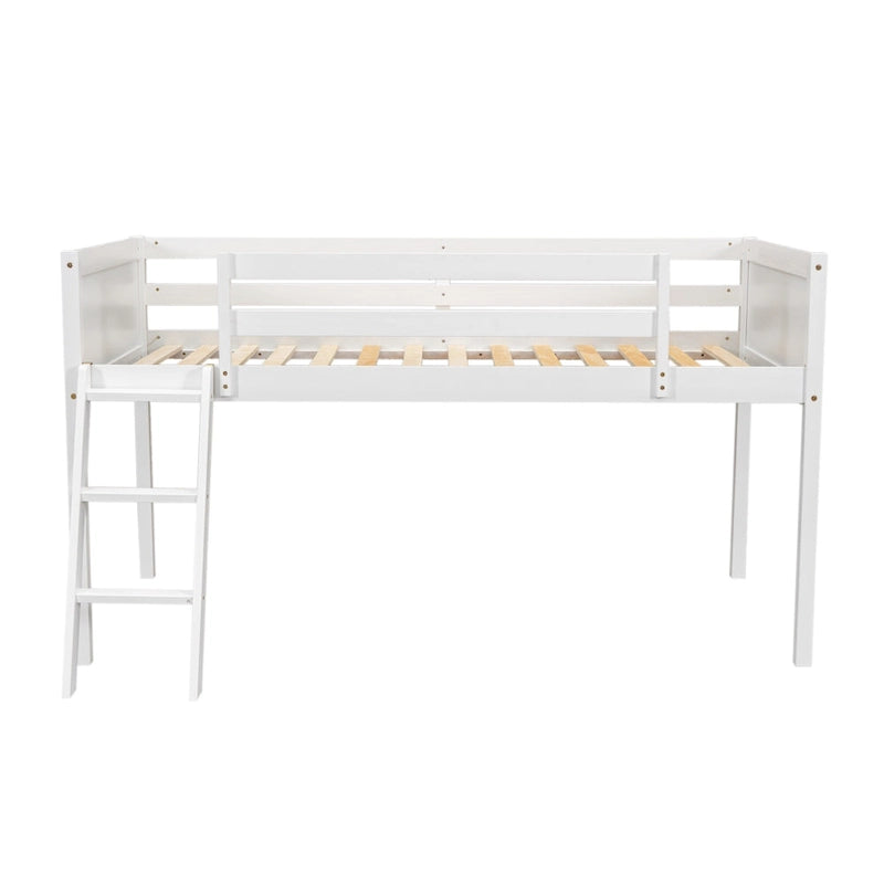 White Twin Size Solid Wood Low Loft Bed with Ladder and Fence Baffle, and Wood Slats Support for Bedroom