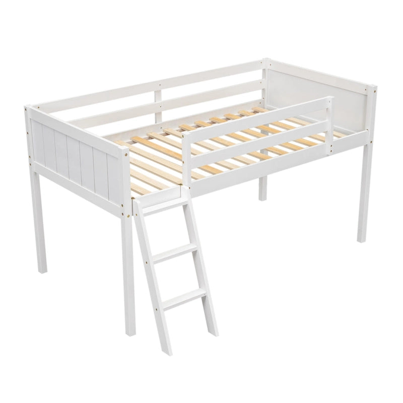 White Twin Size Solid Wood Low Loft Bed with Ladder and Fence Baffle, and Wood Slats Support for Bedroom