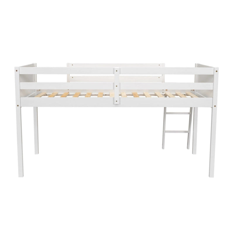 White Twin Size Solid Wood Low Loft Bed with Ladder and Fence Baffle, and Wood Slats Support for Bedroom