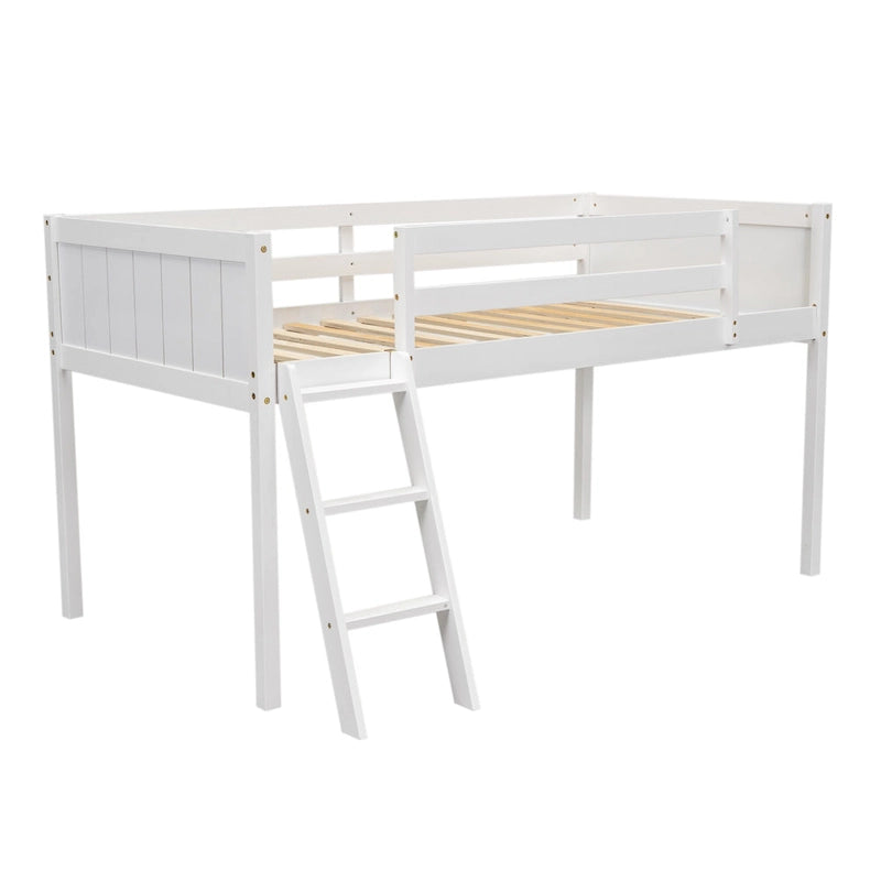 White Twin Size Solid Wood Low Loft Bed with Ladder and Fence Baffle, and Wood Slats Support for Bedroom