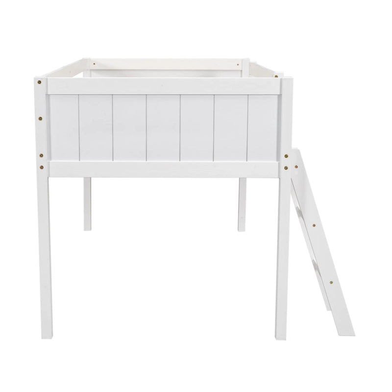 White Twin Size Solid Wood Low Loft Bed with Ladder and Fence Baffle, and Wood Slats Support for Bedroom
