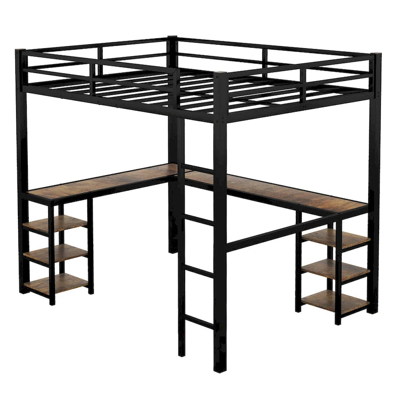 Black Full XL Size Metal Size Loft Bed with Desk and Shelves, Loft Bed with Ladder and Guardrails, Loft Bed Frame for Bedroom