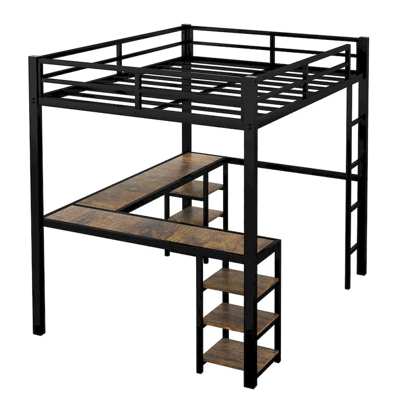 Black Full XL Size Metal Size Loft Bed with Desk and Shelves, Loft Bed with Ladder and Guardrails, Loft Bed Frame for Bedroom