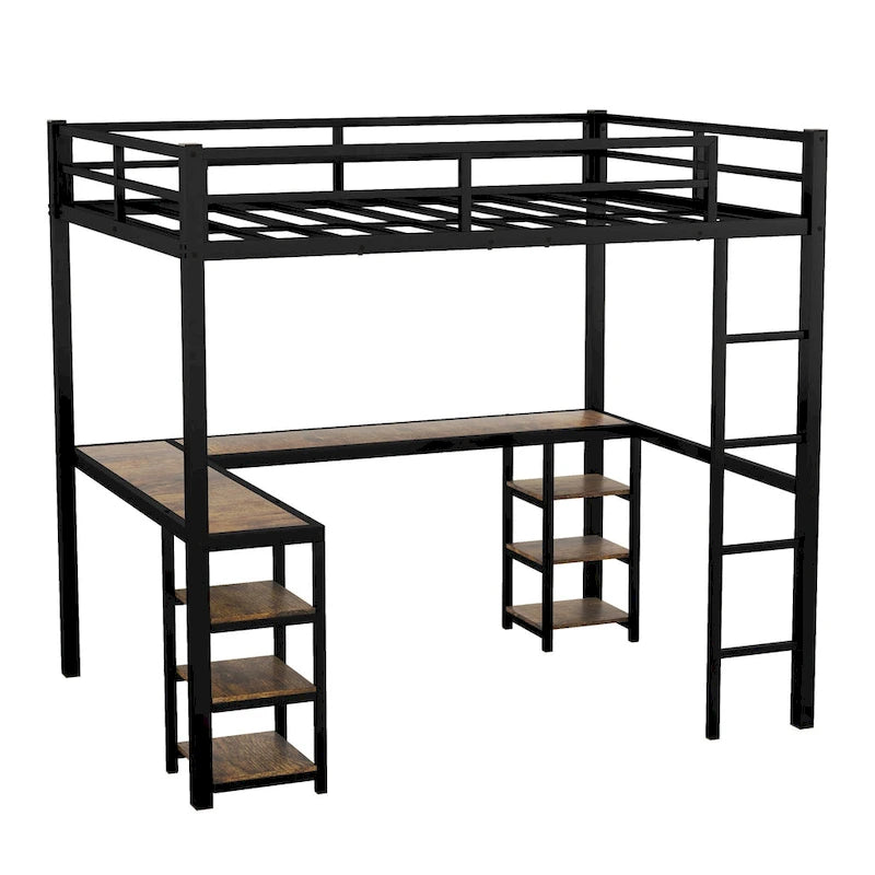 Black Full XL Size Metal Size Loft Bed with Desk and Shelves, Loft Bed with Ladder and Guardrails, Loft Bed Frame for Bedroom