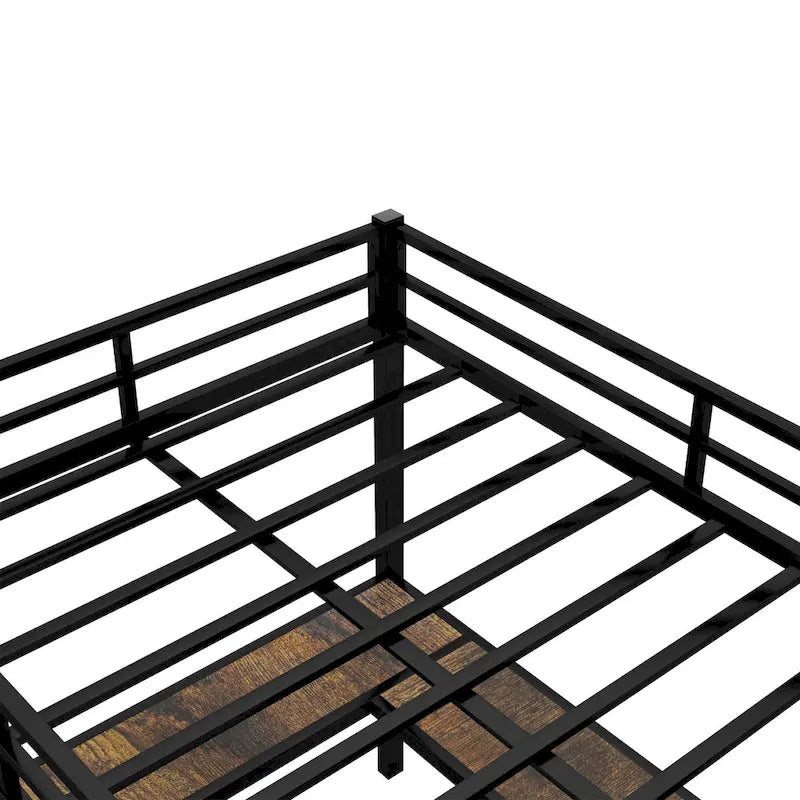 Black Full XL Size Metal Size Loft Bed with Desk and Shelves, Loft Bed with Ladder and Guardrails, Loft Bed Frame for Bedroom