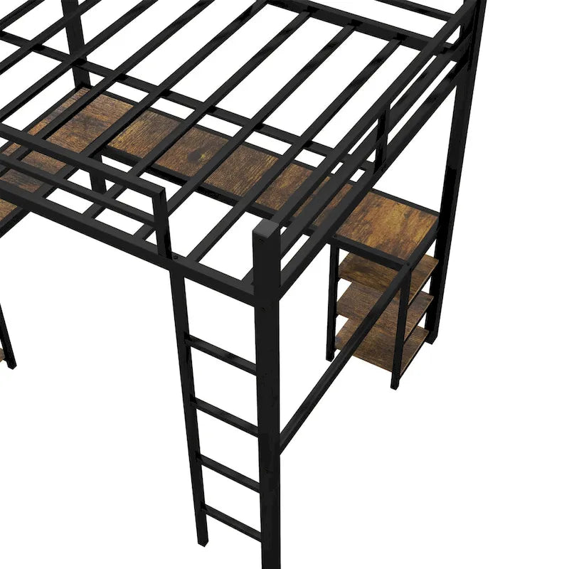 Black Full XL Size Metal Size Loft Bed with Desk and Shelves, Loft Bed with Ladder and Guardrails, Loft Bed Frame for Bedroom