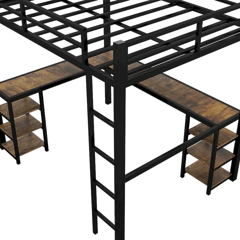 Black Full XL Size Metal Size Loft Bed with Desk and Shelves, Loft Bed with Ladder and Guardrails, Loft Bed Frame for Bedroom