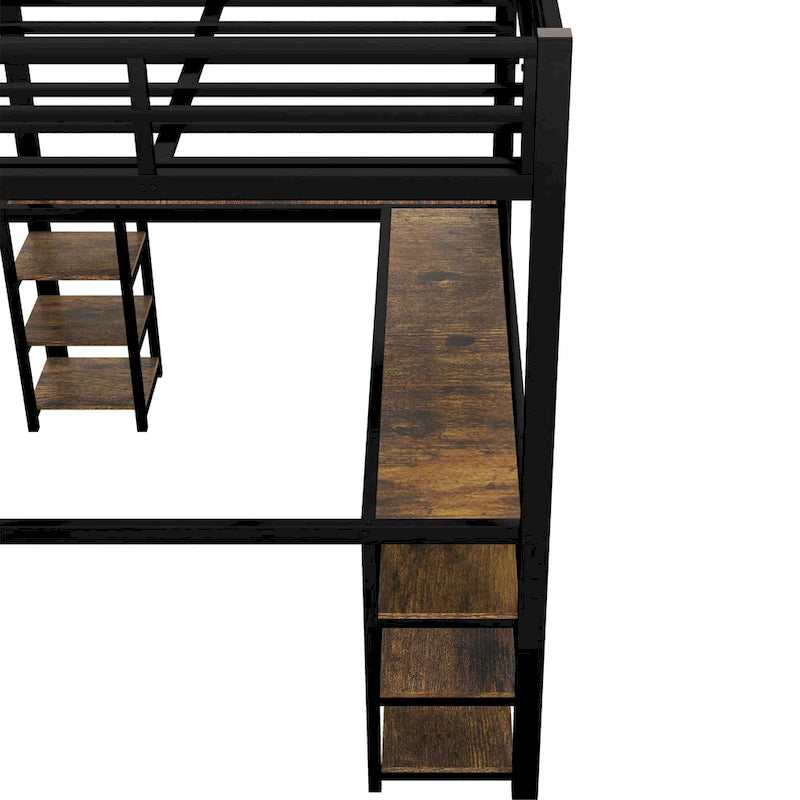 Black Full XL Size Metal Size Loft Bed with Desk and Shelves, Loft Bed with Ladder and Guardrails, Loft Bed Frame for Bedroom