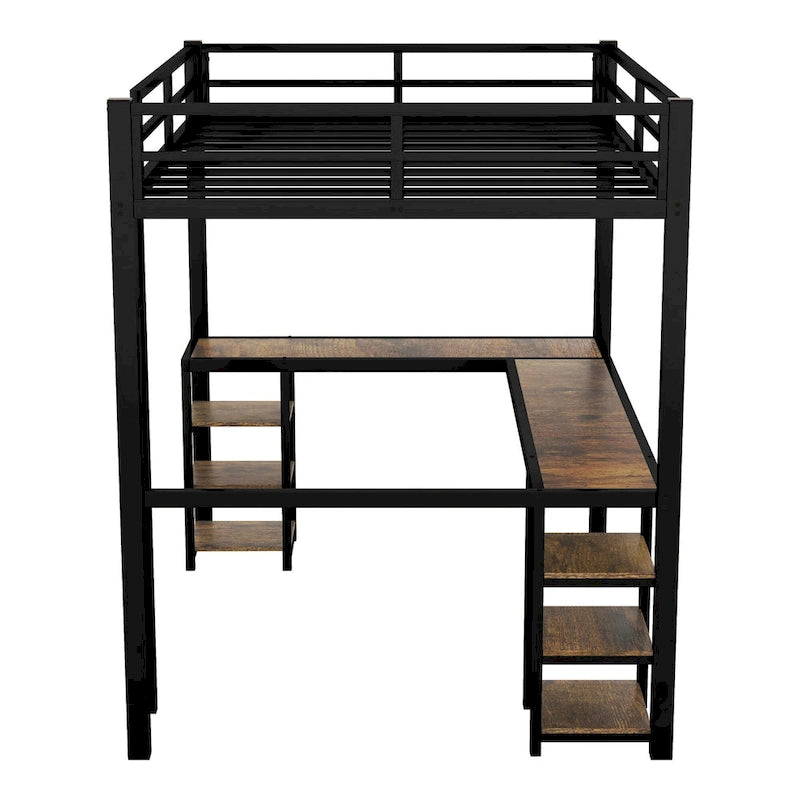 Black Full XL Size Metal Size Loft Bed with Desk and Shelves, Loft Bed with Ladder and Guardrails, Loft Bed Frame for Bedroom