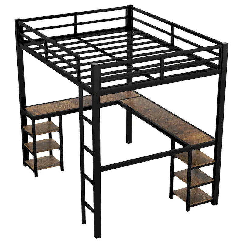 Black Full XL Size Metal Size Loft Bed with Desk and Shelves, Loft Bed with Ladder and Guardrails, Loft Bed Frame for Bedroom