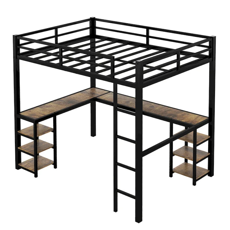 Black Full XL Size Metal Size Loft Bed with Desk and Shelves, Loft Bed with Ladder and Guardrails, Loft Bed Frame for Bedroom