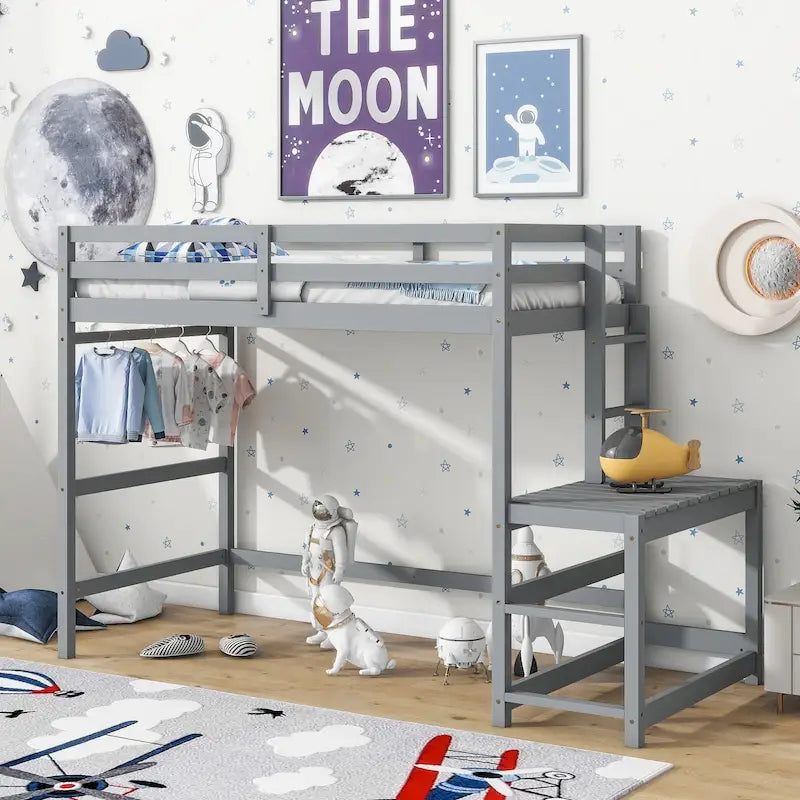 Gray Twin Size Pine Wood High Loft Bed with Ladder landing Platform, Ladders, Guardrails