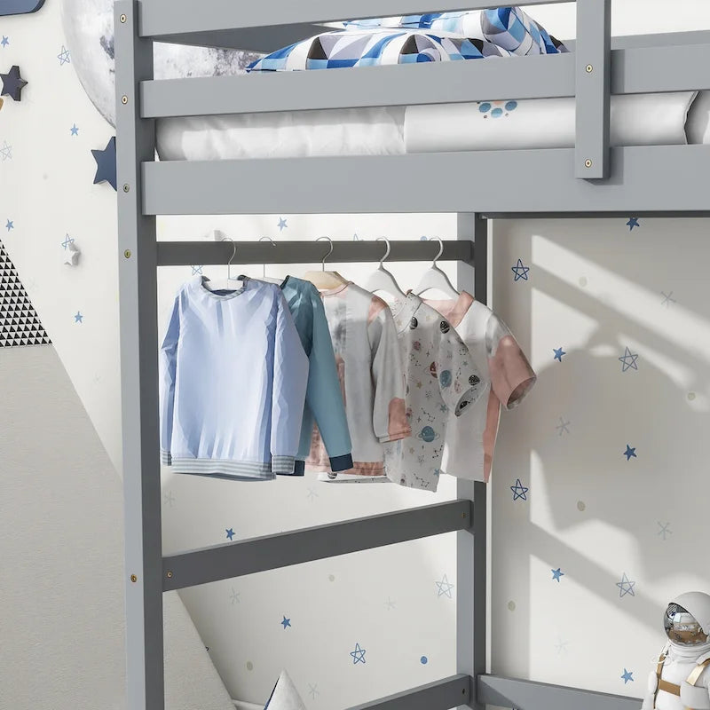 Gray Twin Size Pine Wood High Loft Bed with Ladder landing Platform, Ladders, Guardrails
