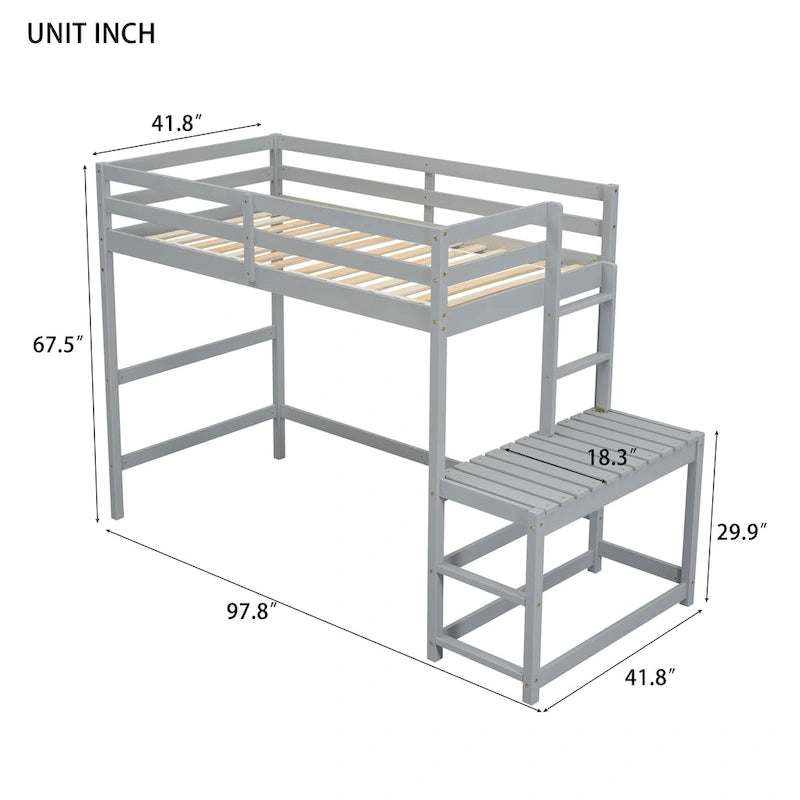 Gray Twin Size Pine Wood High Loft Bed with Ladder landing Platform, Ladders, Guardrails