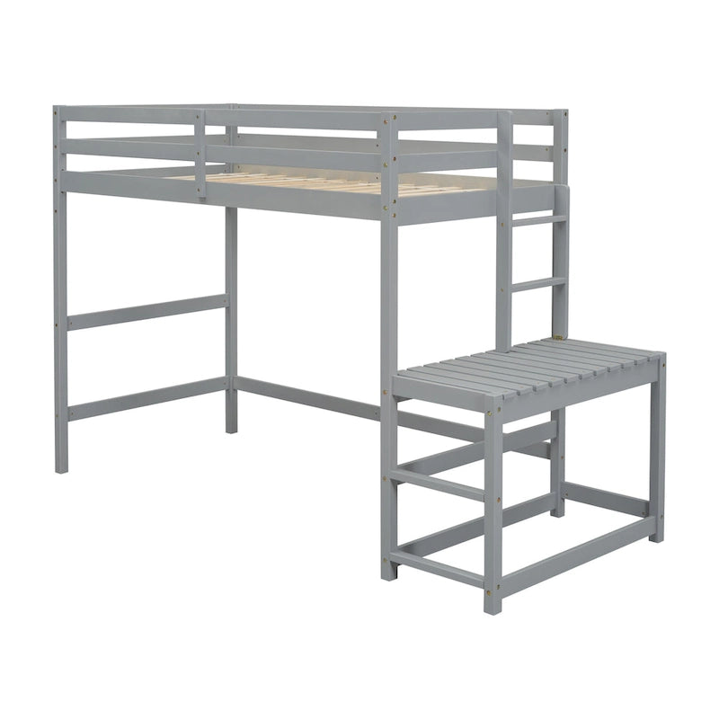 Gray Twin Size Pine Wood High Loft Bed with Ladder landing Platform, Ladders, Guardrails