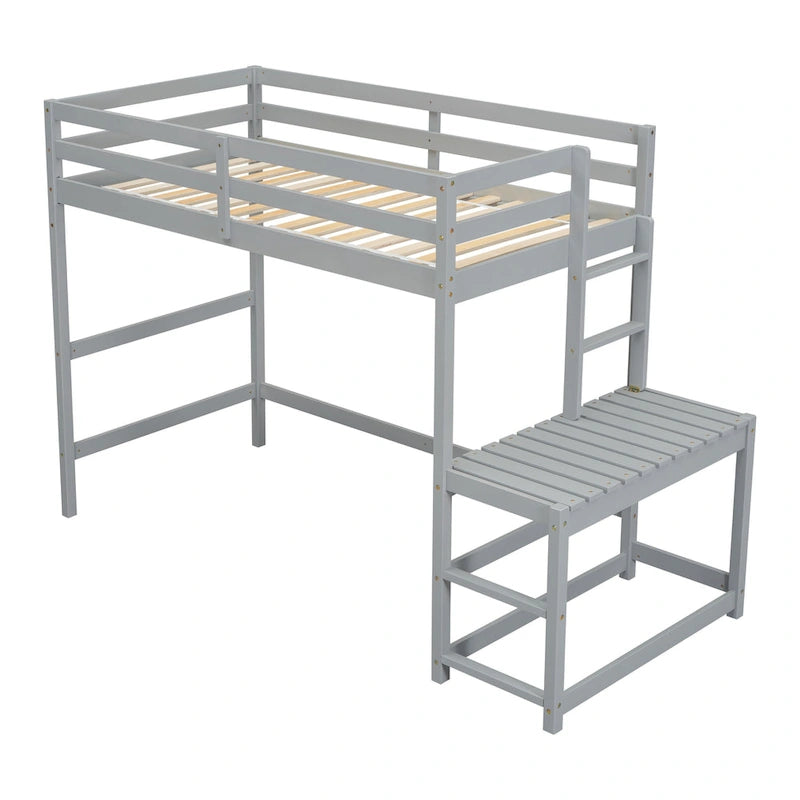 Gray Twin Size Pine Wood High Loft Bed with Ladder landing Platform, Ladders, Guardrails