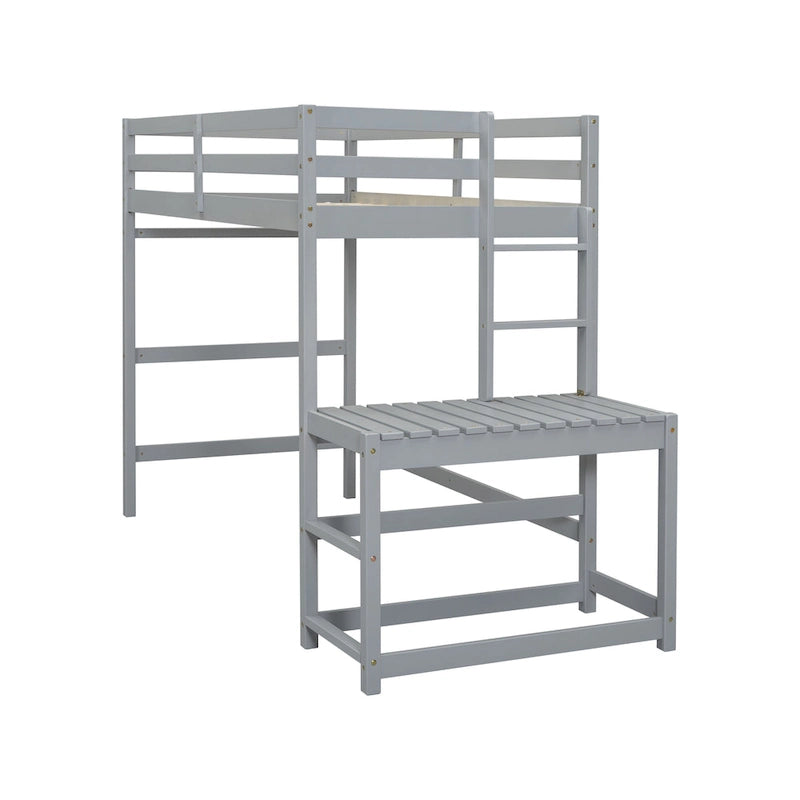 Gray Twin Size Pine Wood High Loft Bed with Ladder landing Platform, Ladders, Guardrails