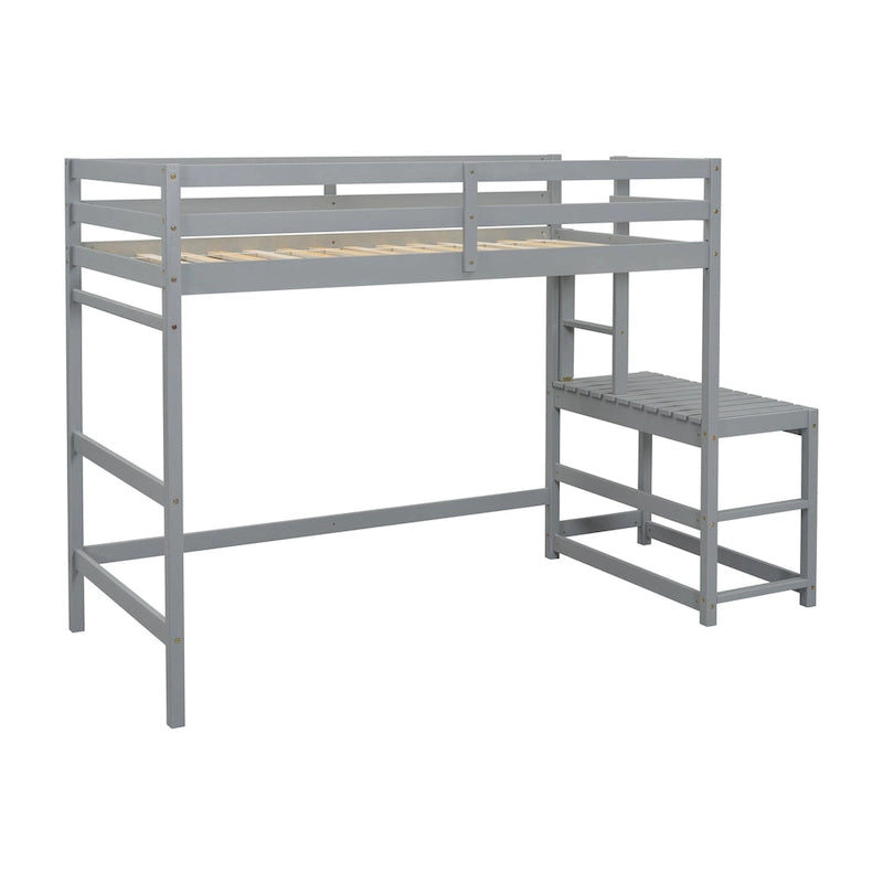 Gray Twin Size Pine Wood High Loft Bed with Ladder landing Platform, Ladders, Guardrails