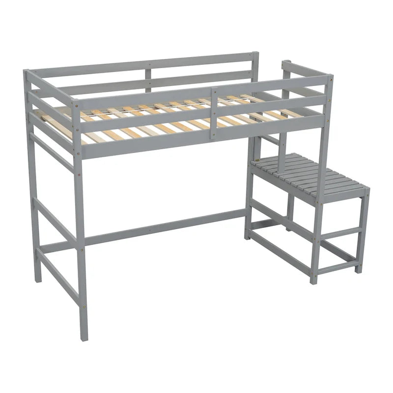 Gray Twin Size Pine Wood High Loft Bed with Ladder landing Platform, Ladders, Guardrails