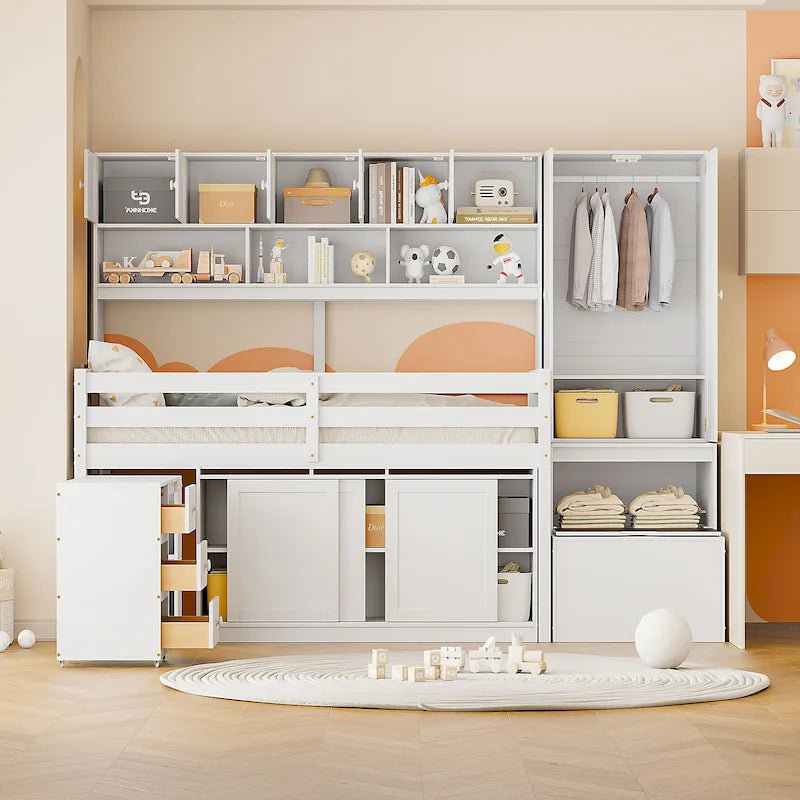 White Twin Size Wooden Loft Bed with Integrated Wardrobe, Under-bed Desk, Drawers, with Shelves