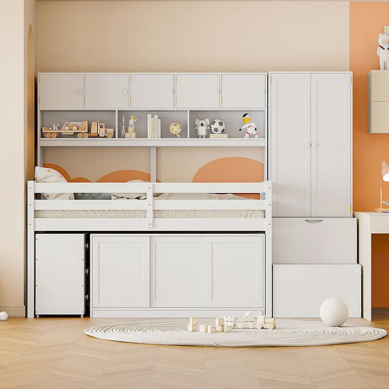 White Twin Size Wooden Loft Bed with Integrated Wardrobe, Under-bed Desk, Drawers, with Shelves