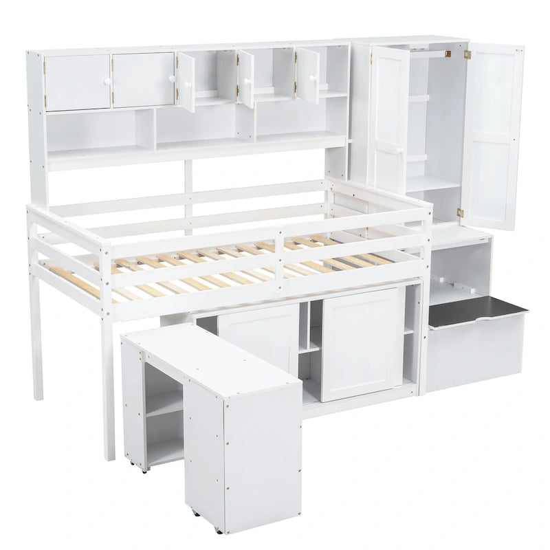 White Twin Size Wooden Loft Bed with Integrated Wardrobe, Under-bed Desk, Drawers, with Shelves