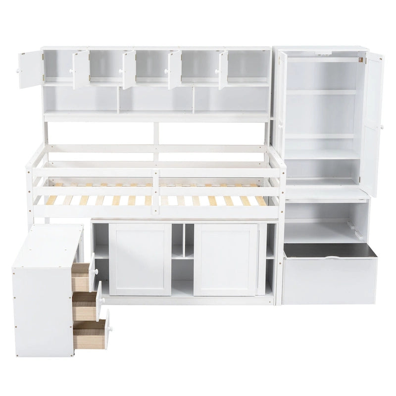 White Twin Size Wooden Loft Bed with Integrated Wardrobe, Under-bed Desk, Drawers, with Shelves