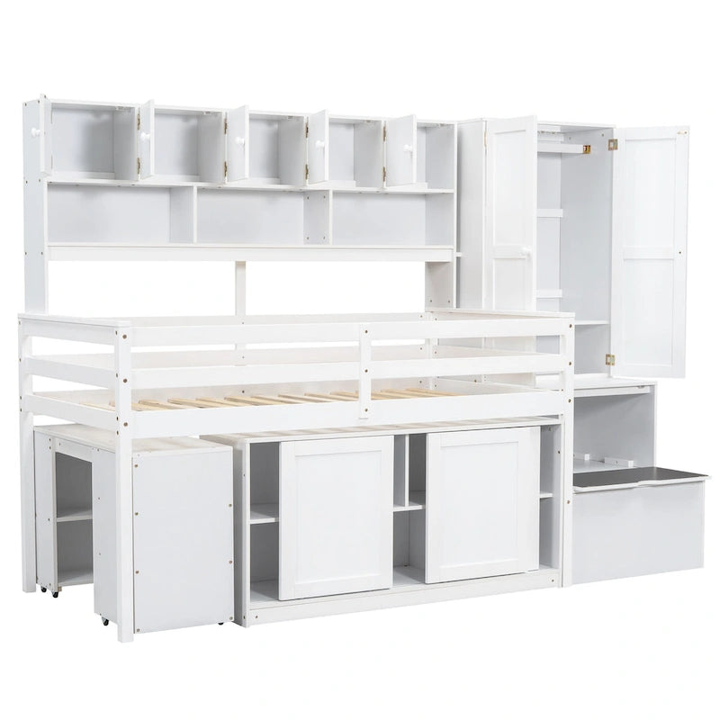 White Twin Size Wooden Loft Bed with Integrated Wardrobe, Under-bed Desk, Drawers, with Shelves