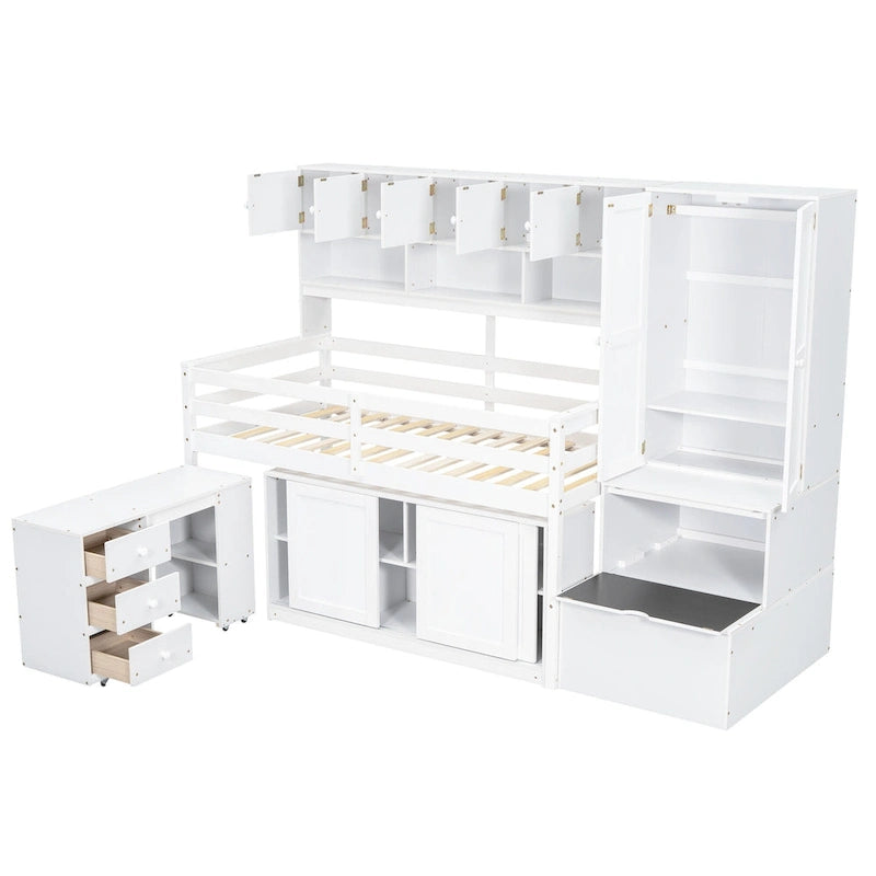 White Twin Size Wooden Loft Bed with Integrated Wardrobe, Under-bed Desk, Drawers, with Shelves