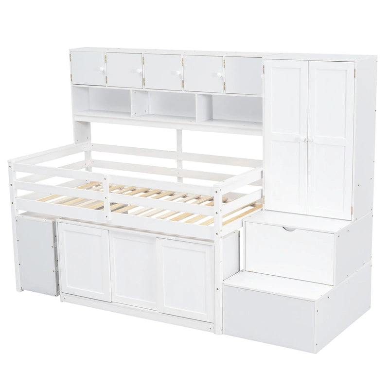 White Twin Size Wooden Loft Bed with Integrated Wardrobe, Under-bed Desk, Drawers, with Shelves