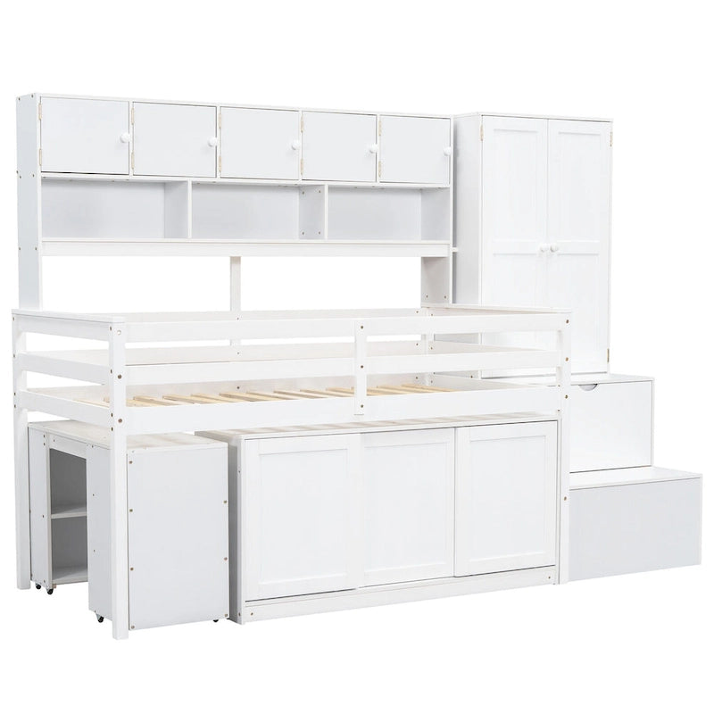 White Twin Size Wooden Loft Bed with Integrated Wardrobe, Under-bed Desk, Drawers, with Shelves
