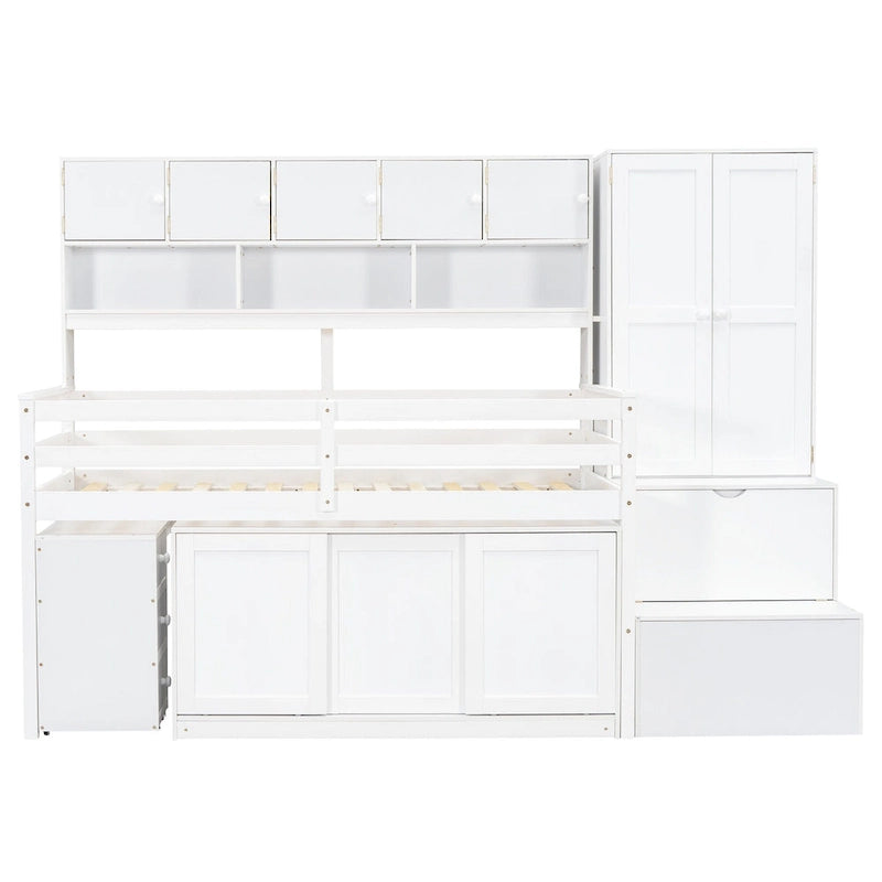 White Twin Size Wooden Loft Bed with Integrated Wardrobe, Under-bed Desk, Drawers, with Shelves