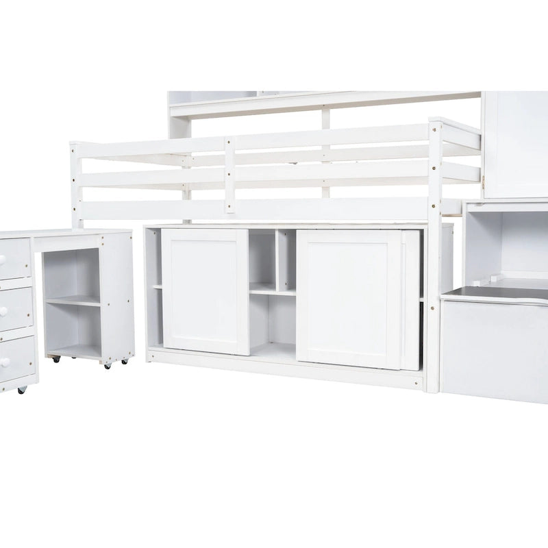 White Twin Size Wooden Loft Bed with Integrated Wardrobe, Under-bed Desk, Drawers, with Shelves