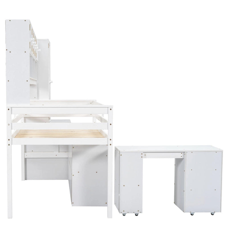 White Twin Size Wooden Loft Bed with Integrated Wardrobe, Under-bed Desk, Drawers, with Shelves
