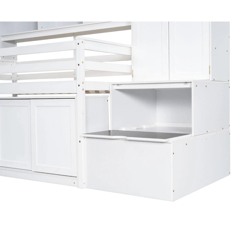 White Twin Size Wooden Loft Bed with Integrated Wardrobe, Under-bed Desk, Drawers, with Shelves