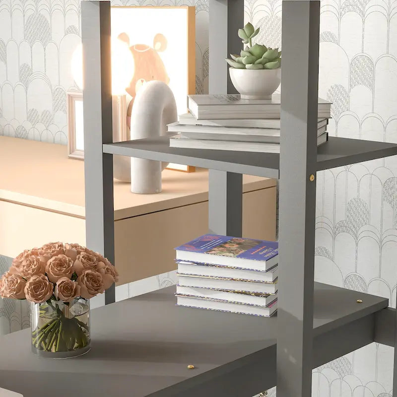 Grey Full Size Wood Loft Bed with built-in desk, Safety Guardrails and Ladder for Kids, Boys and Girls