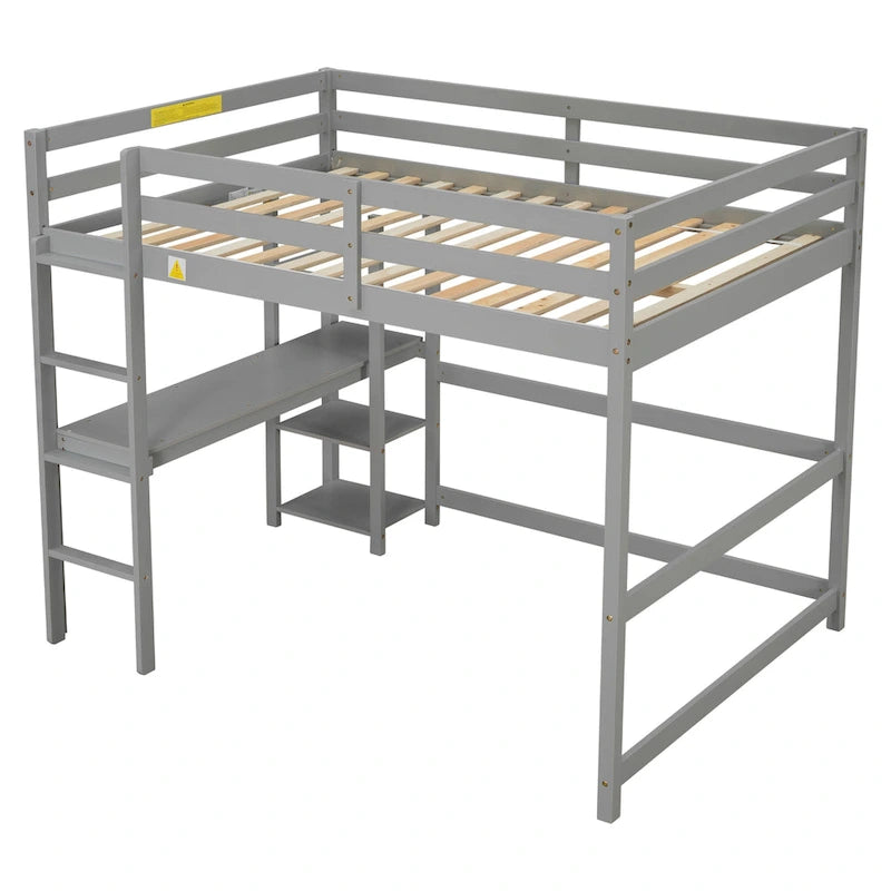 Grey Full Size Wood Loft Bed with built-in desk, Safety Guardrails and Ladder for Kids, Boys and Girls