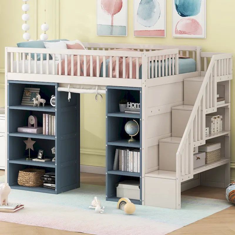 White Full Size Solid Wood Loft Bed with Storage Cabinets and Curtain