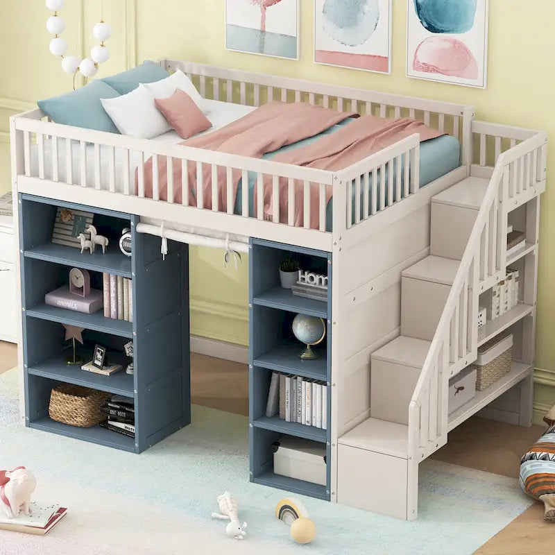 White Full Size Solid Wood Loft Bed with Storage Cabinets and Curtain