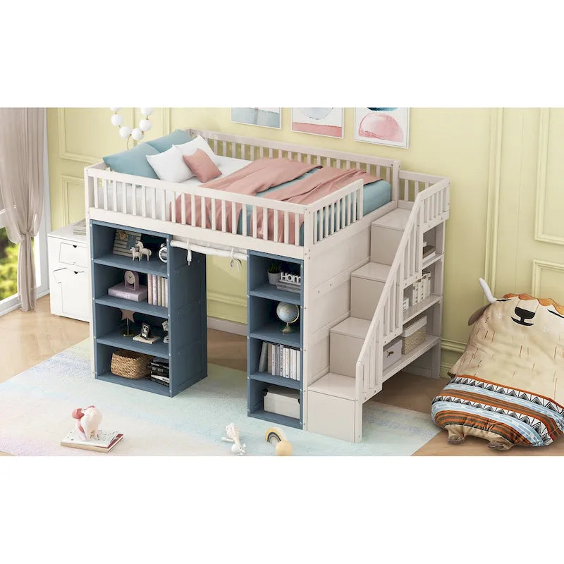 White Full Size Solid Wood Loft Bed with Storage Cabinets and Curtain