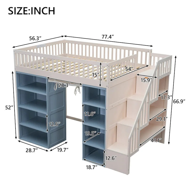 White Full Size Solid Wood Loft Bed with Storage Cabinets and Curtain