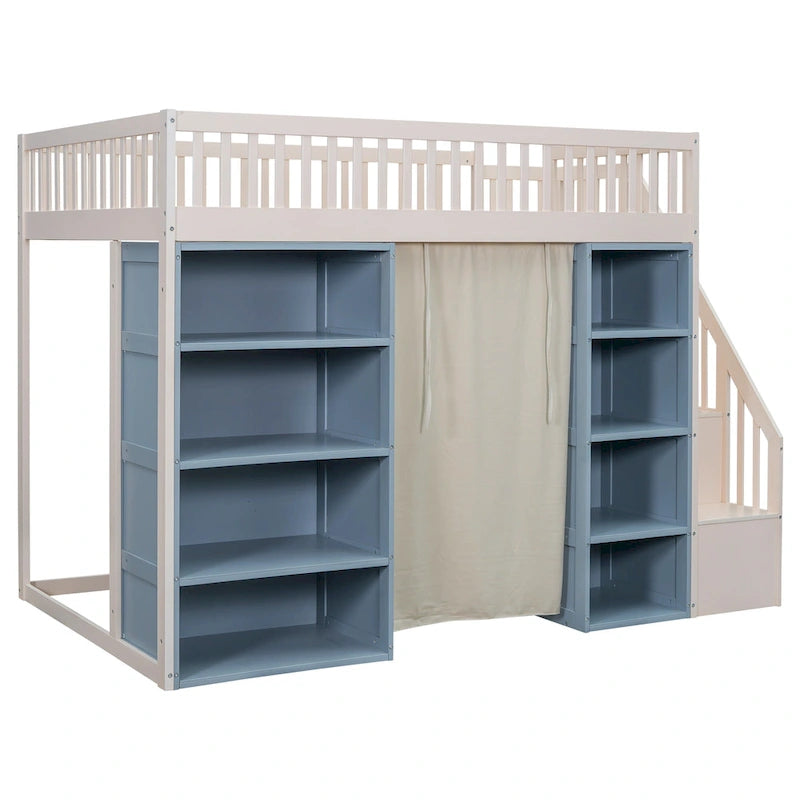 White Full Size Solid Wood Loft Bed with Storage Cabinets and Curtain