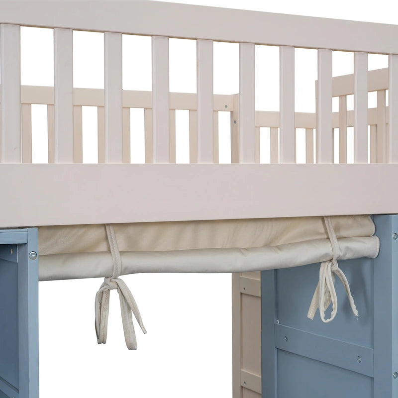 White Full Size Solid Wood Loft Bed with Storage Cabinets and Curtain