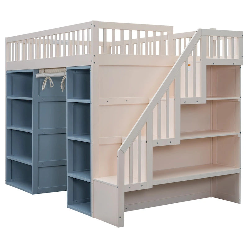 White Full Size Solid Wood Loft Bed with Storage Cabinets and Curtain