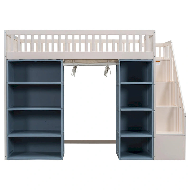 White Full Size Solid Wood Loft Bed with Storage Cabinets and Curtain