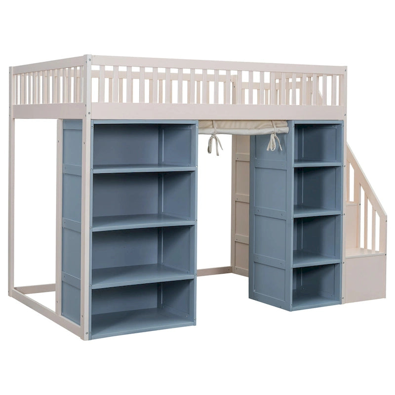 White Full Size Solid Wood Loft Bed with Storage Cabinets and Curtain